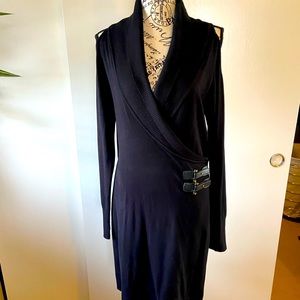 Cache brand sweater, dress with leather belted, buckles, cold shoulder. Size L.